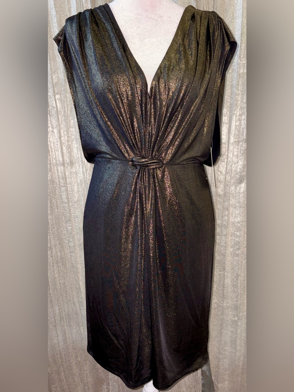 NWT Halston metallic gold black Draped midi dress size s